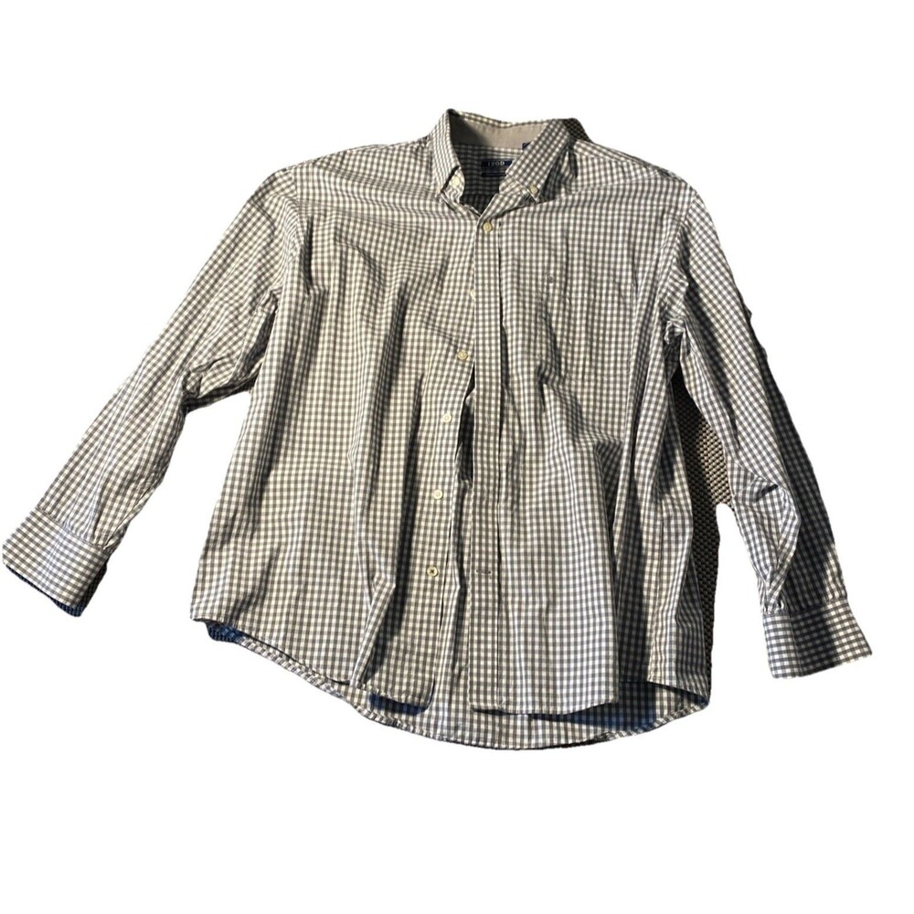 Izod Premium Essentials Mens Shirt XL White Blue Plaid Button Long Sleeve Casual